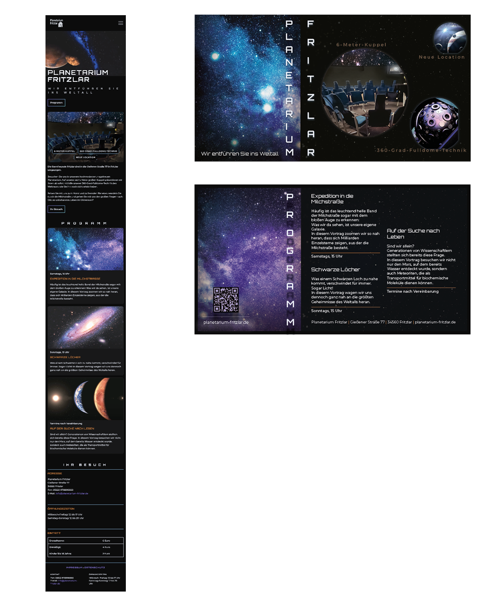 Webseite und Werbekarte für ein Planetarium – medienübergreifendes Gestaltungsprojekt