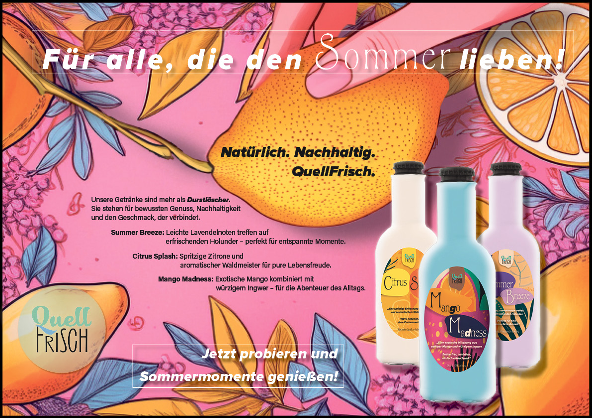 A3-Werbeplakat für QuellFrisch – sommerliches Key Visual mit drei Flaschensorten