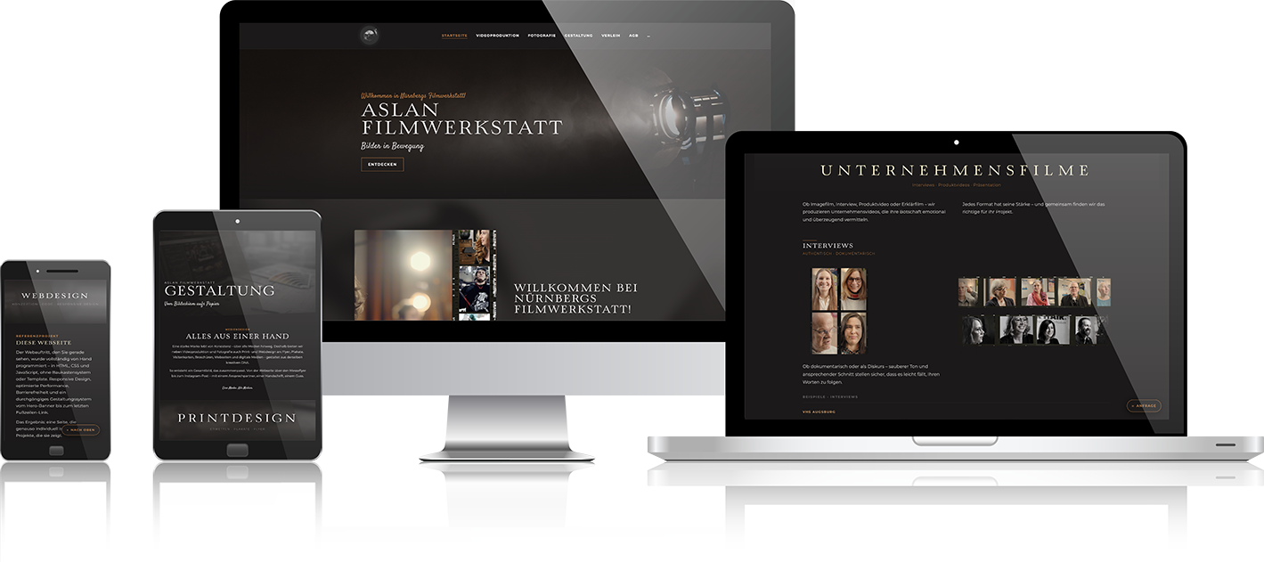 Aslan Filmwerkstatt Webseite – dargestellt auf Desktop, Laptop, Tablet und Smartphone